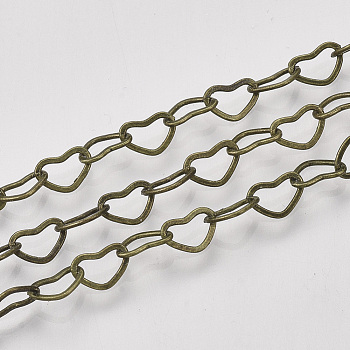 Soldered Brass Covered Iron Heart Chains, with Spool, Antique Bronze, 4x6x0.5mm, about 328.08 Feet(100m)/roll