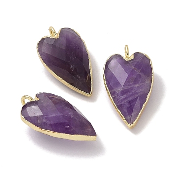 Natural Amethyst Pendants, Faceted Heart Charms, with Golden Plated Brass Edge Loops, 22.5x13x7.5mm, Hole: 3mm