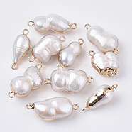 atural Cultured Freshwater Pearl Links connectors, with Brass Loop, Edge Plated, Calabash, Golden, Seashell Color, 23~31x9~15x8.5~14mm, Hole: 1.8mm(BSHE-N008-02B)