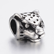 304 Stainless Steel European Beads, Large Hole Beads, Leopard, Antique Silver, 14x11x9mm, Hole: 5mm(STAS-H440-83AS)