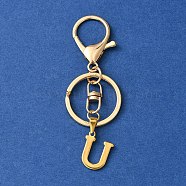 304 Stainless Steel Initial Letter Charm Keychains, with Alloy Clasp, Golden, Letter U, 8.5cm(KEYC-YW00005-21)
