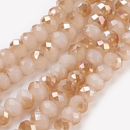 Electroplate Glass Beads Strands, Imitation Jade Glass, Half Rainbow Plated, Faceted, Rondelle, Sandy Brown, 6x4~5mm, Hole: 0.8~1mm, about 88~92pcs/strand, 15.5 inch~16 inch(39~45cm)(GLAA-K027-HR-C04)