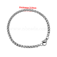 304 Stainless Steel Wheat Chain Bracelets, with Lobster Claw Clasps, Stainless Steel Color, 7-1/8 inch(180mm), 3mm(BJEW-M187-12-F)
