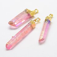 Electroplate Natural Quartz Crystal Pendants, with Brass Findings, Faceted, Nuggets, Pink, 48~63x10~14x7~10mm, Hole: 5x8mm(G-F463-04B)
