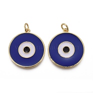 Brass Enamel Pendants, with Jump Rings, Long-Lasting Plated, Flat Round with Midnight Blue Evil Eye, Real 18K Gold Plated, 22.5x20x2~2.5mm, Hole: 3mm(KK-F821-48B-G)