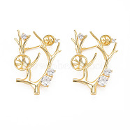 Brass Micro Pave Clear Cubic Zirconia Brooch Findings, For Half Drilled Beads, Leafy Branches, Nickel Free, Real 18K Gold Plated, 38x28x9mm, Pin: 0.8mm, Pin: 0.7mm(for Half Drilled Bead)(KK-N232-299)