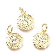 Brass Micro Pave Cubic Zirconia Pendants, with Jump Ring, Flat Round with Eye, Real 18K Gold Plated, Clear, 12x10x2mm, Jump Rings: 5x0.8mm, Inner Diameter: 3mm(KK-P187-17A-G)