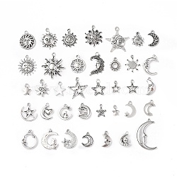 Tibetan Style Alloy Pendants, Sun & Moon & Star Charms, Antique Silver, 11~32x8~24x1.5~4mm, Hole: 1.8mm, 35pcs/set(PALLOY-B014-11)