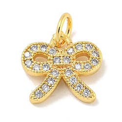 Rack Plating Brass Micro Pave Clear Cubic Zirconia Pendants, Long-Lasting Plated, with Jump Rings, Lead Free & Cadmium Free, Bowknot, Real 18K Gold Plated, 10x11x2mm, Hole: 3mm(KK-B093-01A-G)