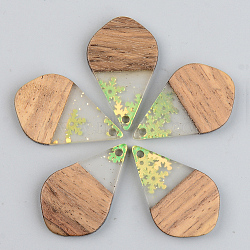 Transparent Resin & Walnut Wood Pendants, with Paillette/Sequin, teardrop, with Snowflake, Green Yellow, 28x17.5x3mm, Hole: 1.8mm(RESI-S389-035A-D01)