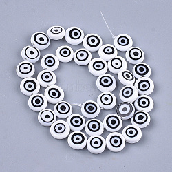 Handmade Evil Eye Lampwork Beads Strands, Flat Round, White, 9.5x3.5mm, Hole: 1.2mm, about 38pcs/strand, 14.1 inch~14.5 inch(LAMP-S191-02C-14)