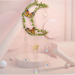 Leaf Butterfly Hemp Rope Wrapped Moon & Natural Quartz Crystal Nuggets Hanging Ornaments, Glass Teardrop Tassel Suncatchers for Home Outdoor Decoration, 500mm(PW-WG47156-05)