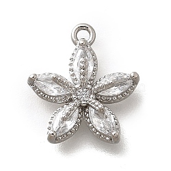 Brass Micro Pave Cubic Zirconia Pendants, Flower, Platinum, 12x11x4mm, Hole: 1mm(KK-Q035-13P)