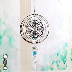 Stainless Steel Wind Chines, Outdoor, Home Hanging Decoration with Deep Sky Blue Glass Beads, Stainless Steel Color, Sun Pattern, 580x177mm(DJEW-PW0002-15F)
