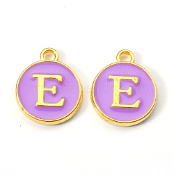 Golden Plated Alloy Enamel Charms, Enamelled Sequins, Flat Round with Letter, Medium Purple, Letter.E, 14x12x2mm, Hole: 1.5mm(ENAM-S118-10E)