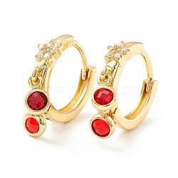 Star Cubic Zirconia Hoop Earrings with Flat Round Drop, Brass Jewelry for Women, Cadmium Free & Nickel Free & Lead Free, Real 18K Gold Plated, Red, 19.5mm, Pin: 0.7mm(EJEW-P196-19G-02)