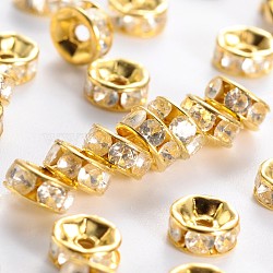 Brass Rhinestone Spacer Beads, Grade B, Clear, Golden Metal Color, Size: about 6mm in diameter, 3mm thick, hole: 1mm(RSB036-B01G)