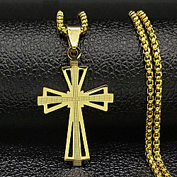 304 Stainless Steel Pendant Necklaces, Hollow Cross, Golden, 23.54 inch(59.8cm)(NJEW-H015-04G)