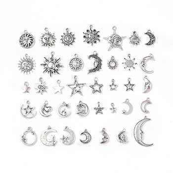 Tibetan Style Alloy Pendants, Sun & Moon & Star Charms, Antique Silver, 11~32x8~24x1.5~4mm, Hole: 1.8mm, 35pcs/set