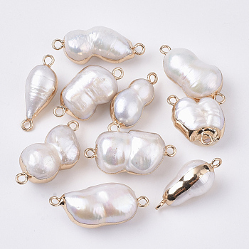 atural Cultured Freshwater Pearl Links connectors, with Brass Loop, Edge Plated, Calabash, Golden, Seashell Color, 23~31x9~15x8.5~14mm, Hole: 1.8mm