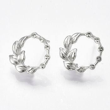 Brass Stud Earring Rhinestone Settings, with Loop, Leaf, Nickel Free, Real Platinum Plated, Fit for 1mm Rhinestone, 14x14mm, Hole: 1mm, Pin: 0.8mm