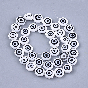 Handmade Evil Eye Lampwork Beads Strands, Flat Round, White, 9.5x3.5mm, Hole: 1.2mm, about 38pcs/strand, 14.1 inch~14.5 inch