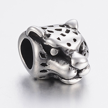 304 Stainless Steel European Beads, Large Hole Beads, Leopard, Antique Silver, 14x11x9mm, Hole: 5mm