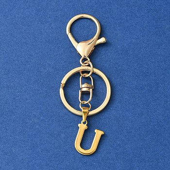 304 Stainless Steel Initial Letter Charm Keychains, with Alloy Clasp, Golden, Letter U, 8.5cm