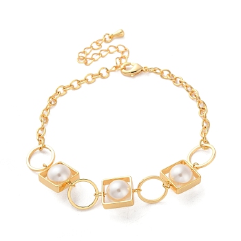 Brass Link Bracelets for Women, with ABS Plastic Imitation Pearl, Real 18K Gold Plated, 6-7/8 inch(17.5cm)