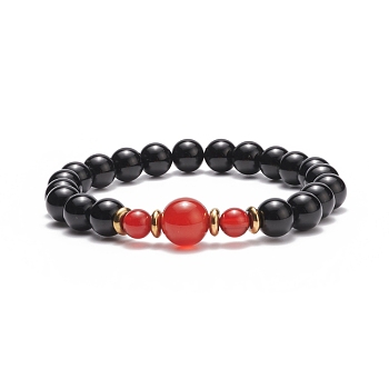 Natural Red Agate Carnelian(Dyed & Heated) & Black Onyx Round Beaded Stretch Bracelet, Gemstone Jewelry for Women, Inner Diameter: 2-3/8 inch(6cm)
