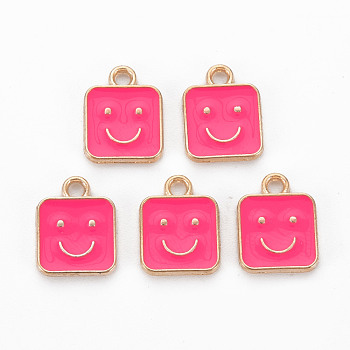 Alloy Enamel Charms, Cadmium Free & Lead Free, Light Gold, Square with Smile, Deep Pink, 13x10x1.5mm, Hole: 1.6mm
