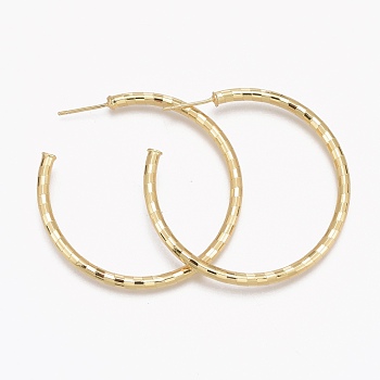Brass Stud Earrings, Half Hoop Earrings, with Ear Nuts, Long-Lasting Plated, Textured, Ring, Real 18K Gold Plated, 46x3mm, Pin: 1mm