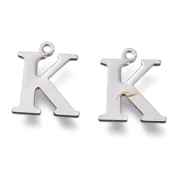 304 Stainless Steel Charms, Laser Cut, Alphabet, Stainless Steel Color, Letter.K, 12x10x0.8mm, Hole: 1mm