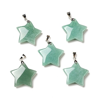 Natural Green Aventurine Pendants, with Platinum Tone Brass Findings, Star Charm, 29x30x8mm, Hole: 6x4mm
