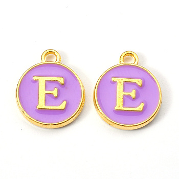 Golden Plated Alloy Enamel Charms, Enamelled Sequins, Flat Round with Letter, Medium Purple, Letter.E, 14x12x2mm, Hole: 1.5mm
