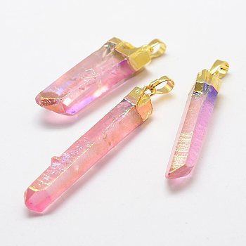 Electroplate Natural Quartz Crystal Pendants, with Brass Findings, Faceted, Nuggets, Pink, 48~63x10~14x7~10mm, Hole: 5x8mm
