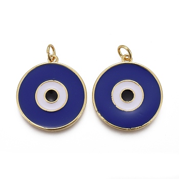 Brass Enamel Pendants, with Jump Rings, Long-Lasting Plated, Flat Round with Midnight Blue Evil Eye, Real 18K Gold Plated, 22.5x20x2~2.5mm, Hole: 3mm