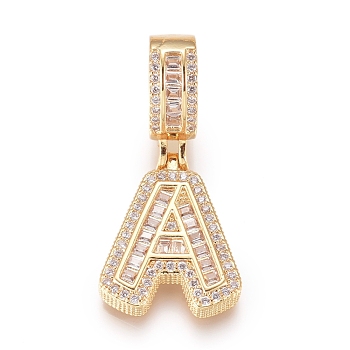Brass Micro Pave Cubic Zirconia Pendants, Letter, Clear, Golden, Letter.A, 18.5x16x3.5mm, Hole: 6.5x9mm
