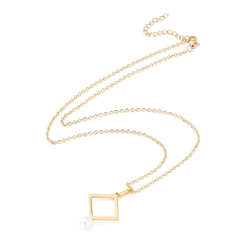 304 Stainless Steel Necklaces, with Rhombus & Bead Pendant, for Women, Golden, 46cm