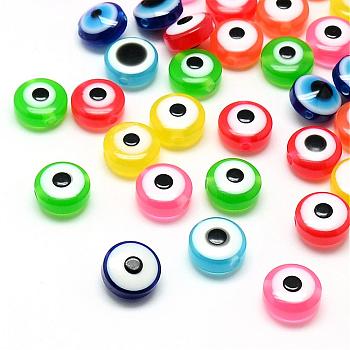 Resin Beads, Flat Round, Evil Eye, Mixed Color, 10~11x5~7mm, Hole: 2mm
