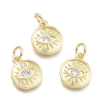 Brass Micro Pave Cubic Zirconia Pendants, with Jump Ring, Flat Round with Eye, Real 18K Gold Plated, Clear, 12x10x2mm, Jump Rings: 5x0.8mm, Inner Diameter: 3mm