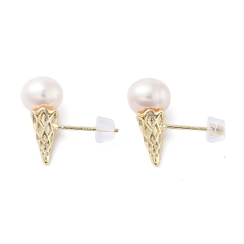Natural Pearl Ice-Cream Stud Earrings, Brass Earrings with 925 Sterling Silver Pins, Real 14K Gold Plated, 16.5x7mm
