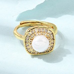 Adjustable Brass Micro Pave Cubic Zirconia Finger Rings, Square, with ABS Plastic Pearl, Cadmium Free & Lead Free, Rack Plating, Long-Lasting Plated, Golden, US Size 7 1/4(17.5mm)(CU-CBABA66-02G)
