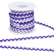 15M Polyester Wavy Fringe Trim Ribbon, Two Tone Wave Bending Lace Trim, for Clothes Sewing and Art Craft Decoration, White, Blue Violet, 1/4 inch(8mm), about 16.40 Yards(15m)/Roll(OCOR-GF0003-04B)