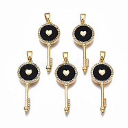 Brass Micro Pave Clear Cubic Zirconia Pendants, with Enamel, Nickel Free, Key with Heart, Real 18K Gold Plated, Black, 29x11.5x3mm, Hole: 2.5x4.5mm(X-KK-T063-85-NF)