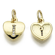 Brass Micro Pave Clear Cubic Zirconia Charms, with Jump Ring, Heart with Letter, Real 16K Gold Plated, Nickel Free, Letter.I, 10x9x2mm, Jump Ring: 5x1mm, 3mm inner diameter(KK-N227-34I-NF)