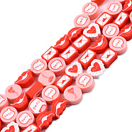 Handmade Polymer Clay Beads Strands, Flat Round with Word Love & Heart, Mouth and Letter, Red, 5.5~9.5x9~11x4~5mm, Hole: 1.6mm, about 40pcs/strand, 15.16 inch~15.55 inch((38.5~39.5cm)(CLAY-N008-077-B01)