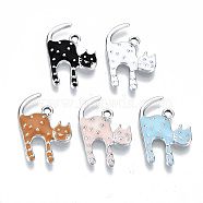 Eco-Friendly Zinc Alloy Pendants, with Enamel, Cadmium Free & Nickel Free & Lead Free, Cat Shape, Platinum, Mixed Color, 22~23x14~15x2~3mm, Hole: 1.8mm(FIND-N048-45-NR)