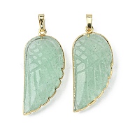 Natural Green Strawberry Quartz Pendants, Wing Charms, with Rack Plating Golden Plated Brass Edge, 39x18x7mm, Hole: 6x4mm(G-O204-03B)