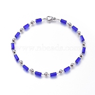 304 Stainless Steel Beaded Bracelets, with Rectangle Glass Beads and Lobster Claw Clasps, Blue, 9 inch(23cm)(BJEW-K118-02P)